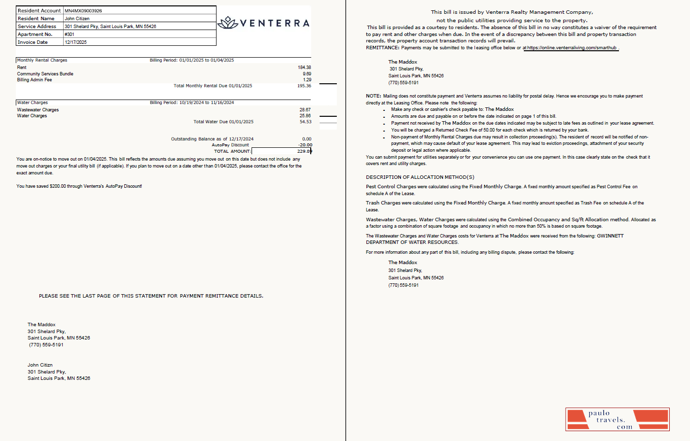 USA Venterra utility bill template in Word and PDF formats, 2 pages
